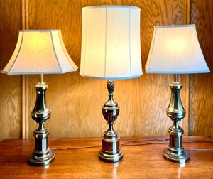 lot 150 image: Set of 3 Brass Table Lamps with Fabric Shades