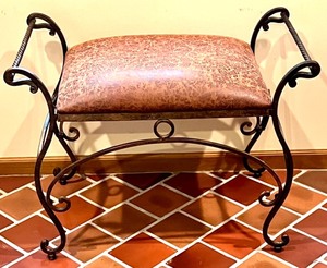 lot 153 image: Upholstered Metal Vanity Bench with Scrollwork Frame