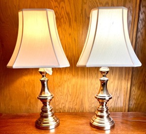 lot 155 image: Pair of Brass Table Lamps with White Fabric Shades