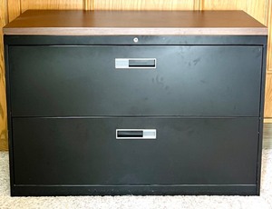 lot 158 image: 2-Drawer Black Lateral Filing Cabinet with Wood Top