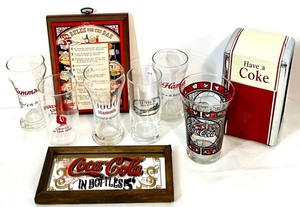 lot 242 image: Vintage Barware Lot with Hamms Beer Glasses, Coca-Cola Memorabilia, and Bar Sign