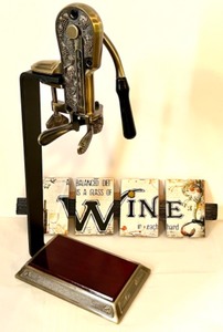 lot 245 image: Heavy-Duty Vintage Style Tabletop Wine Bottle Corker with Ornate Metal Base and Wine Art