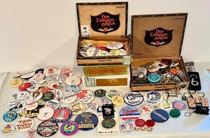 lot 247 image: Vintage Pinback Buttons and Keychains Collection with Cigar Boxes