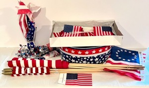lot 250 image: Patriotic American Flag Lot with Decorative Tubs and Mini Flags