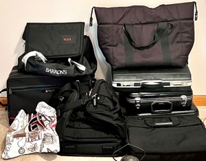 lot 255 image: Collection of 11 Travel Bags, Brighton Canvas Bag, Luggage, and Briefcases Including Tumi, Barrons Duffel, Targus, Dakota, Kooler Bag, Samsonite Attache and Platt Brands