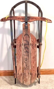 lot 257 image: Vintage Fleetwing Wooden Sled with Metal Runners and Yellow Rope