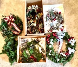 lot 260 image: Collection of Holiday Wreaths and Artificial Greenery Decor including Vintage Kugel Heavy Silver Ornaments
