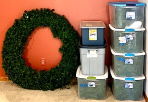 lot 262 image: Large Pre-Lit Artificial Christmas Wreath with Storage Totes of Garland and Rope Lights