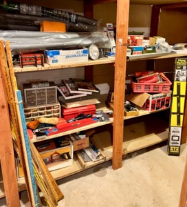 lot 264 image: Large Lot of Hand Tools, Tool Organizers, Miter Box, Jet Torch Kit, and Hardware Storage, Vintage Tolls and Cabbage Slicer and so much more