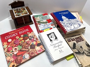 lot 174 image: Vintage Wooden Napkin and Coaster Holder with Recipe Book Collection