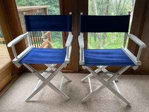lot 184 image: Pair of White Director Chairs with Blue Canvas Seats