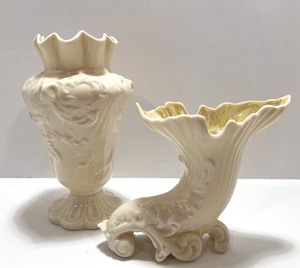 lot 190 image: Pair of Belleek Ireland Cream Porcelain Vases with Embossed Designs