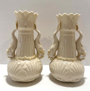 lot 192 image: Pair of Belleek Ireland Porcelain Vases with Fish Handles