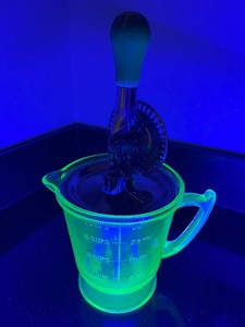 Vintage Uranium Glass 4-Cup Measuring Pitcher with Egg Beater and Green Handle