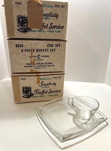 lot 197 image: Hazel Atlas Simplicity 3 - 8 Piece Buffet Service Glass Tray and Cup Sets in Box