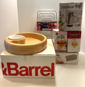 lot 201 image: Kitchenware Set Including Crate & Barrel Wooden Tray, Storage Containers, Dispensers, and Bacon Press