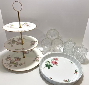 lot 207 image: Bone China Staffordshire Tiered Server with Rose Tart Dish and Glass Jars