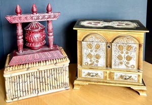 lot 79 image: Vintage Gold-Tone Jewelry Box with Floral Design, Wooden Prayer Wheel and Ceramic box with lid