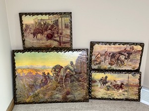 lot 19 image: Set of 4 Vintage Western Prints on Wood Plaques