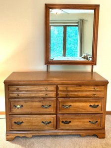 lot 28 image: 6-Drawer Wooden Dresser with Mirror and Brass Handles