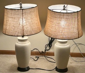 lot 29 image: Pair of Beige Ceramic Table Lamps with Fabric Shades