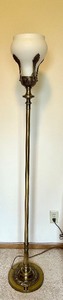 lot 58 image: Vintage Stiffel Brass Floor Lamp with Ornate Base and Frosted Glass Shade