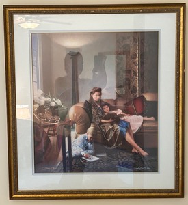 lot 62 image: Framed Robert A. Olson 1990 Print Mother Reading with Children