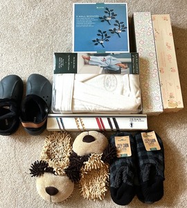 lot 65 image: Household Comfort and Decor Collection with Robe, Slippers, Wall Sconces, and Accessories including Crocs