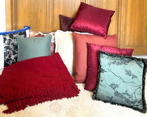 lot 73 image: Assorted Decorative Throw Pillows, Red Pottery Barn Knit Blanket Set and Queen Mattress