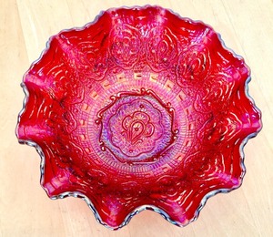 lot 79A image: Fenton Red Carnival Glass Bowl with Ruffled Edge