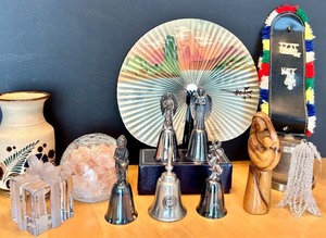 lot 89 image: Decorative Collectibles Lot with Silver Bells, Pottery, Crystal, and Figurines
