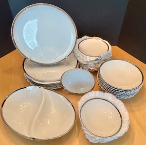lot 90 image: Sango Fine China Set with Silver Trim - Plates, Bowls, and Divided Platter