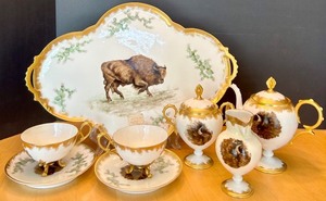 Limoges France Buffalo Hand-Painted Porcelain Tea Set with Serving Tray