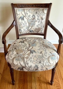 lot 126 image: Upholstered Accent Armchair with Carved Wood and Floral Fabric