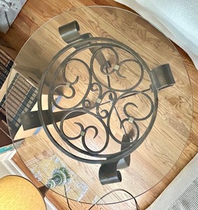 lot 131 image: Round Glass Top Side Table with Wrought Iron Base