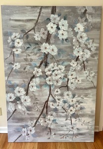 lot 135 image: Large Floral Wall Art on Canvas with White Blossoms Signed by NAN