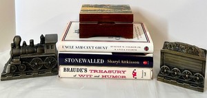 lot 212 image: Book Set with Decorative Train Bookends and Wooden Keepsake Box