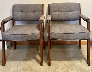 lot 215 image: Pair of Mid-Century Modern La-z-boy Upholstered Wood Armchairs