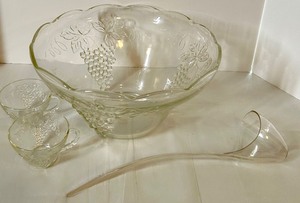 lot 220 image: Vintage Pressed Glass Punch Bowl Set with 11 Cups and Ladle
