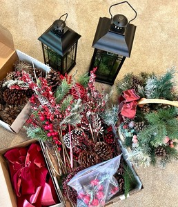 lot 221 image: Holiday Decor Collection with Lanterns, Pinecones, Faux Greens, and Bows