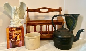 lot 224 image: Eclectic Decor Group with Vintage Kettle, Planter Chalice, Stoneware Crock, Eagle Statue, Bamboo Fountain, and Wood Magazine Rack