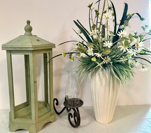 lot 225 image: Decorative Home Decor Set with Large Floral Vase, Lantern, and Metal Candle Holder