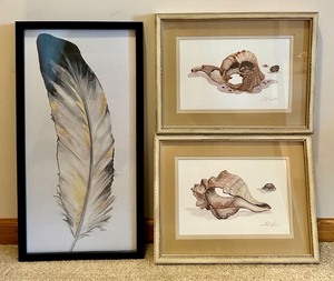 lot 235 image: Framed Feather Print and Set of 2 Framed Shell Art Prints