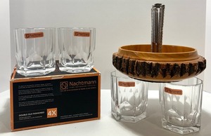 lot 268 image: Nachtmann Double Old Fashioned Crystal Glasses with Wood Nut Bowl and Picks Set