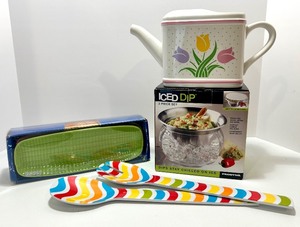lot 291 image: Kitchen Serveware Set with Tulip Ceramic Watering Can, 4 Colorful Serving Plates, Iced Dip Bowl, and Salad Servers