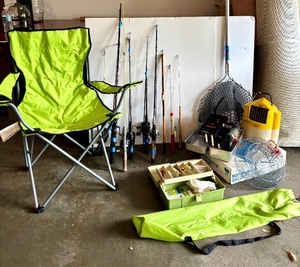 lot 91 image: Fishing Gear Collection 6 Rods with Reels, Chair, Tackle Box and Accessories