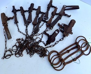 lot 95 image: Collection of Vintage Steel Animal Traps and Chains