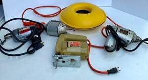 lot 98 image: Vintage Power Tool Set with Cordpro Reel, Drills, Jig Saw, and Work Light
