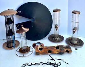 lot 105 image: Lot of Mixed Bird Feeders, Metal Domes and Basket