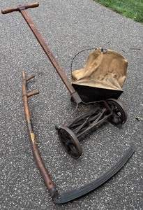 lot 109 image: Antique Seymour No. 40 Manual Reel Lawn Mower with Grass Catcher and Scythe
